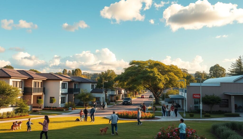 A picturesque residential neighborhood in "Jardim Alvorada," Maringá, featuring neatly lined houses with contemporary designs and vibrant gardens, showcasing well-maintained lawns and blooming flowers. In the foreground, a tranquil park area with children playing, families gathering, and people walking dogs, all dressed in casual yet tidy clothing, symbolizes community engagement. The middle ground includes a cheerful street bustling with activity, where local businesses and real estate offices create a welcoming atmosphere. In the background, trees gently sway under a bright blue sky with soft, fluffy clouds, illuminated by warm sunlight, casting soft shadows to enhance the tranquil urban environment. The mood is inviting and community-oriented, reflecting the appeal of choosing a reliable real estate agency in this charming area. A picturesque residential neighborhood in "Jardim Alvorada," Maringá, featuring neatly lined houses with contemporary designs and vibrant gardens, showcasing well-maintained lawns and blooming flowers. In the foreground, a tranquil park area with children playing, families gathering, and people walking dogs, all dressed in casual yet tidy clothing, symbolizes community engagement. The middle ground includes a cheerful street bustling with activity, where local businesses and real estate offices create a welcoming atmosphere. In the background, trees gently sway under a bright blue sky with soft, fluffy clouds, illuminated by warm sunlight, casting soft shadows to enhance the tranquil urban environment. The mood is inviting and community-oriented, reflecting the appeal of choosing a reliable real estate agency in this charming area.