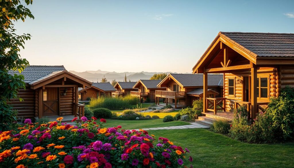 A picturesque scene featuring charming wooden houses nestled in the lush greenery of Maringá. In the foreground, vibrant flower beds bursting with color surround a cozy, rustic wooden house, showcasing its textured facade and inviting porch. The middle ground reveals a series of well-kept timber homes, each with unique architectural details like sloping roofs and large windows that invite sunlight. In the background, the serene outline of distant mountains can be seen under a clear blue sky, creating a sense of tranquility. The soft, warm lighting of a late afternoon sun casts gentle shadows, enhancing the warmth of the wooden structures. The overall mood is peaceful and enchanting, embodying the charm of wooden houses and their harmonious integration into nature. A picturesque scene featuring charming wooden houses nestled in the lush greenery of Maringá. In the foreground, vibrant flower beds bursting with color surround a cozy, rustic wooden house, showcasing its textured facade and inviting porch. The middle ground reveals a series of well-kept timber homes, each with unique architectural details like sloping roofs and large windows that invite sunlight. In the background, the serene outline of distant mountains can be seen under a clear blue sky, creating a sense of tranquility. The soft, warm lighting of a late afternoon sun casts gentle shadows, enhancing the warmth of the wooden structures. The overall mood is peaceful and enchanting, embodying the charm of wooden houses and their harmonious integration into nature.