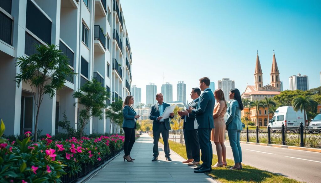 A picturesque urban scene in Maringá, Brazil, showcasing the advantages of physical property investment. In the foreground, a well-maintained residential building with modern architecture, featuring lush greenery and vibrant flowers along the walkway. In the middle ground, a group of diverse professional individuals in business attire, discussing the property and its benefits, while holding architectural plans and investment reports. The background reveals a skyline of Maringá’s distinctive high-rise buildings and iconic Cathedral of Maringá, under a clear blue sky. Soft, natural sunlight bathes the scene, creating a warm and inviting atmosphere. The composition should emphasize professionalism and opportunity in real estate investment, with a focus on collaboration and community. A picturesque urban scene in Maringá, Brazil, showcasing the advantages of physical property investment. In the foreground, a well-maintained residential building with modern architecture, featuring lush greenery and vibrant flowers along the walkway. In the middle ground, a group of diverse professional individuals in business attire, discussing the property and its benefits, while holding architectural plans and investment reports. The background reveals a skyline of Maringá’s distinctive high-rise buildings and iconic Cathedral of Maringá, under a clear blue sky. Soft, natural sunlight bathes the scene, creating a warm and inviting atmosphere. The composition should emphasize professionalism and opportunity in real estate investment, with a focus on collaboration and community.