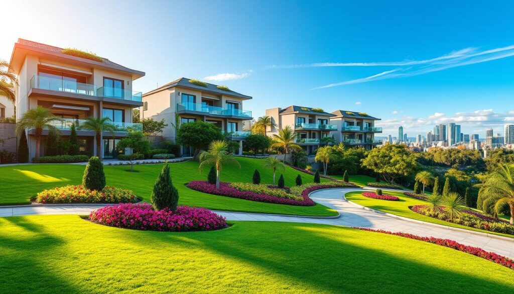 A picturesque view of Eurogarden, a luxurious residential area in Maringá, Brazil. In the foreground, elegantly landscaped gardens with manicured lawns and vibrant flower beds create an inviting atmosphere. The middle ground features modern, upscale residential buildings with contemporary architecture, large glass balconies, and lush greenery, showing a blend of urban living and nature. The background showcases the skyline of Maringá with a clear blue sky, with soft, warm sunlight casting gentle shadows, creating a welcoming vibe. The scene encapsulates a sense of tranquility and growth potential, suggesting a prosperous lifestyle. The overall mood is bright and optimistic, embodying a high standard of living, perfect for attracting potential investors. A picturesque view of Eurogarden, a luxurious residential area in Maringá, Brazil. In the foreground, elegantly landscaped gardens with manicured lawns and vibrant flower beds create an inviting atmosphere. The middle ground features modern, upscale residential buildings with contemporary architecture, large glass balconies, and lush greenery, showing a blend of urban living and nature. The background showcases the skyline of Maringá with a clear blue sky, with soft, warm sunlight casting gentle shadows, creating a welcoming vibe. The scene encapsulates a sense of tranquility and growth potential, suggesting a prosperous lifestyle. The overall mood is bright and optimistic, embodying a high standard of living, perfect for attracting potential investors.