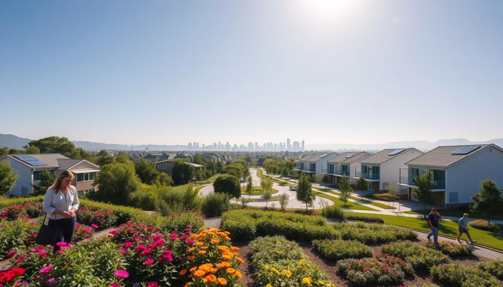 A picturesque view of Eurogarden in Maringá, showcasing the sustainable neighborhood lifestyle. In the foreground, a well-maintained community garden with vibrant flowers and lush greenery, where residents casually tend to plants in professional attire, reflecting a sense of community and care. The middle ground features modern, eco-friendly homes with solar panels and green roofs, surrounded by tree-lined streets and bike paths, emphasizing a sustainable lifestyle. In the background, Maringá’s skyline can be seen under a clear blue sky, with soft sunlight illuminating the scene, creating a warm and inviting atmosphere. The composition should be balanced, capturing a sense of harmony between nature and modern living. A picturesque view of Eurogarden in Maringá, showcasing the sustainable neighborhood lifestyle. In the foreground, a well-maintained community garden with vibrant flowers and lush greenery, where residents casually tend to plants in professional attire, reflecting a sense of community and care. The middle ground features modern, eco-friendly homes with solar panels and green roofs, surrounded by tree-lined streets and bike paths, emphasizing a sustainable lifestyle. In the background, Maringá’s skyline can be seen under a clear blue sky, with soft sunlight illuminating the scene, creating a warm and inviting atmosphere. The composition should be balanced, capturing a sense of harmony between nature and modern living.