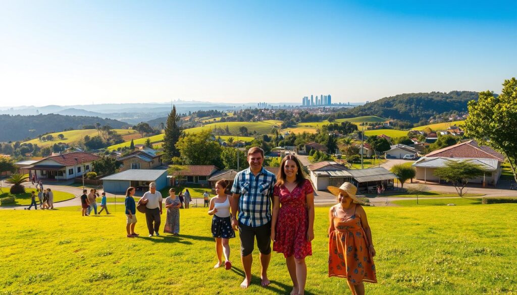 A picturesque view of Mandaguari, Paraná, highlighting its quality of life. In the foreground, a peaceful park with green grass and vibrant flowers, where families are enjoying a sunny day, dressed in modest casual clothing. In the middle, charming houses and small local businesses reflect a friendly community atmosphere. A couple of smiling individuals engage in conversation, exuding warmth and connection. The background showcases rolling hills and lush greenery, with the Paraná skyline visible under a clear blue sky. Golden sunlight bathes the scene, creating an inviting and serene mood, emphasizing the area's tranquility and beauty. Use a wide-angle view to capture the expansive landscape and intimate community feel. A picturesque view of Mandaguari, Paraná, highlighting its quality of life. In the foreground, a peaceful park with green grass and vibrant flowers, where families are enjoying a sunny day, dressed in modest casual clothing. In the middle, charming houses and small local businesses reflect a friendly community atmosphere. A couple of smiling individuals engage in conversation, exuding warmth and connection. The background showcases rolling hills and lush greenery, with the Paraná skyline visible under a clear blue sky. Golden sunlight bathes the scene, creating an inviting and serene mood, emphasizing the area's tranquility and beauty. Use a wide-angle view to capture the expansive landscape and intimate community feel.