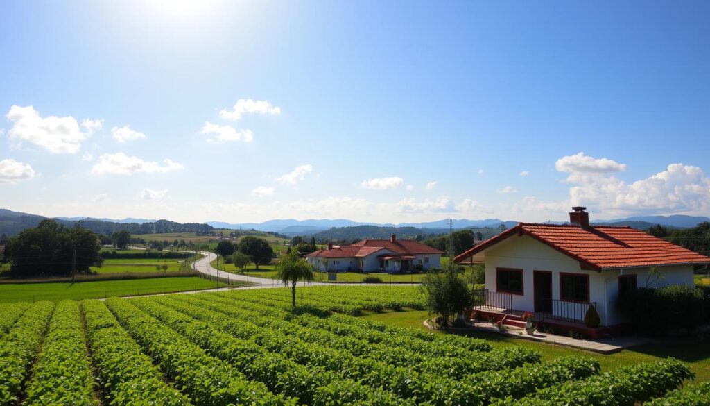 A picturesque view of Marialva, Paraná, showcasing its charming rural landscape. In the foreground, vibrant green fields and neat rows of crops represent the agricultural heart of the region. A quaint, traditional Brazilian house with a red-tiled roof is nestled among fruit trees. In the middle ground, a peaceful street lined with modest homes, featuring well-kept gardens and local shops, reflects a close-knit community vibe. The backdrop presents rolling hills under a bright blue sky with soft, fluffy clouds, symbolizing the beauty of the Southern Brazil region. The lighting is warm and inviting, capturing the essence of a sunny day. The atmosphere is serene and harmonious, perfect for illustrating the lifestyle and cost of living in this vibrant town. A picturesque view of Marialva, Paraná, showcasing its charming rural landscape. In the foreground, vibrant green fields and neat rows of crops represent the agricultural heart of the region. A quaint, traditional Brazilian house with a red-tiled roof is nestled among fruit trees. In the middle ground, a peaceful street lined with modest homes, featuring well-kept gardens and local shops, reflects a close-knit community vibe. The backdrop presents rolling hills under a bright blue sky with soft, fluffy clouds, symbolizing the beauty of the Southern Brazil region. The lighting is warm and inviting, capturing the essence of a sunny day. The atmosphere is serene and harmonious, perfect for illustrating the lifestyle and cost of living in this vibrant town.