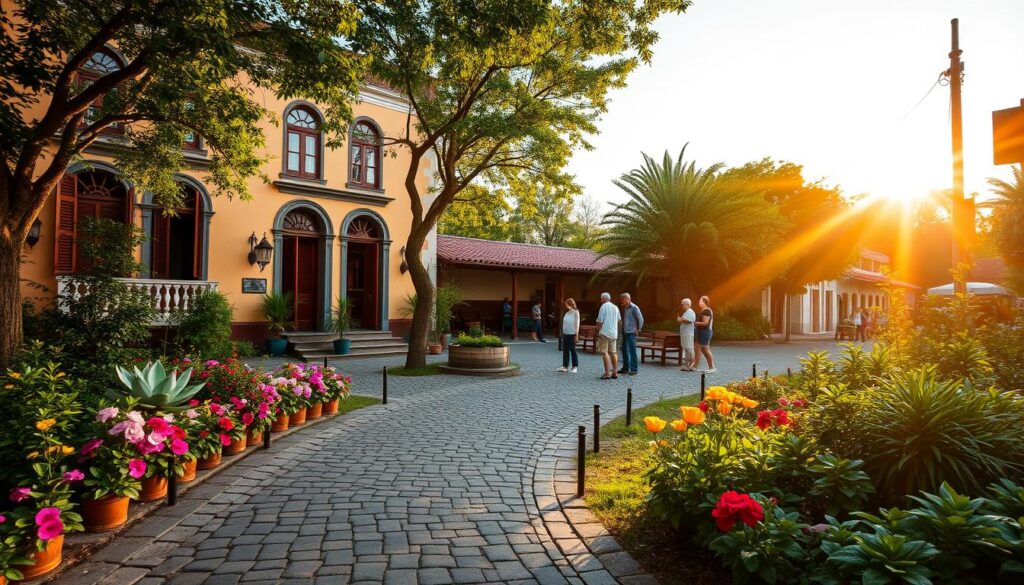A picturesque view of Maringá Velho, showcasing its charming historical architecture and quaint streets. In the foreground, a cobblestone pathway lined with vibrant flowers and lush greenery leads to a beautifully preserved colonial-style house with ornate wooden windows and a colorful facade. The middle ground features a small, inviting square where people in modest casual clothing gather, enjoying the atmosphere. In the background, illuminate the scene with warm, golden hour sunlight filtering through the trees, casting soft shadows. Capture the essence of nostalgia and warmth, emphasizing the unique character of the neighborhood. Use a wide-angle lens to create depth, and aim for a slightly elevated perspective to highlight the architectural details and the surrounding landscape. A picturesque view of Maringá Velho, showcasing its charming historical architecture and quaint streets. In the foreground, a cobblestone pathway lined with vibrant flowers and lush greenery leads to a beautifully preserved colonial-style house with ornate wooden windows and a colorful facade. The middle ground features a small, inviting square where people in modest casual clothing gather, enjoying the atmosphere. In the background, illuminate the scene with warm, golden hour sunlight filtering through the trees, casting soft shadows. Capture the essence of nostalgia and warmth, emphasizing the unique character of the neighborhood. Use a wide-angle lens to create depth, and aim for a slightly elevated perspective to highlight the architectural details and the surrounding landscape.