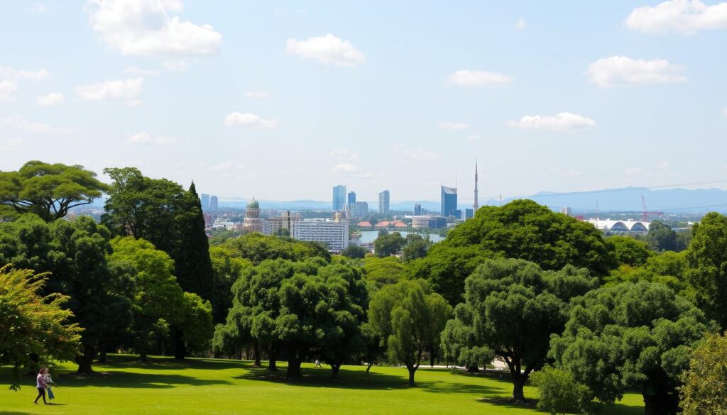 A picturesque view of Maringá's geographical features highlighting its climate within a vibrant landscape. In the foreground, a rich green park filled with lush trees, reflecting the city’s notable arborization, where a few people in modest casual clothing enjoy the serene environment. The middle ground showcases Maringá's distinctive buildings, blending modern architecture with natural elements. In the background, the skyline is visible under a bright, clear sky, indicating a warm climate, with soft clouds scattered throughout. The lighting is bright and cheerful, projecting a sunny atmosphere while casting gentle shadows. The overall mood should evoke a sense of tranquility and appreciation for nature, capturing the essence of Maringá's climate. A picturesque view of Maringá's geographical features highlighting its climate within a vibrant landscape. In the foreground, a rich green park filled with lush trees, reflecting the city’s notable arborization, where a few people in modest casual clothing enjoy the serene environment. The middle ground showcases Maringá's distinctive buildings, blending modern architecture with natural elements. In the background, the skyline is visible under a bright, clear sky, indicating a warm climate, with soft clouds scattered throughout. The lighting is bright and cheerful, projecting a sunny atmosphere while casting gentle shadows. The overall mood should evoke a sense of tranquility and appreciation for nature, capturing the essence of Maringá's climate.