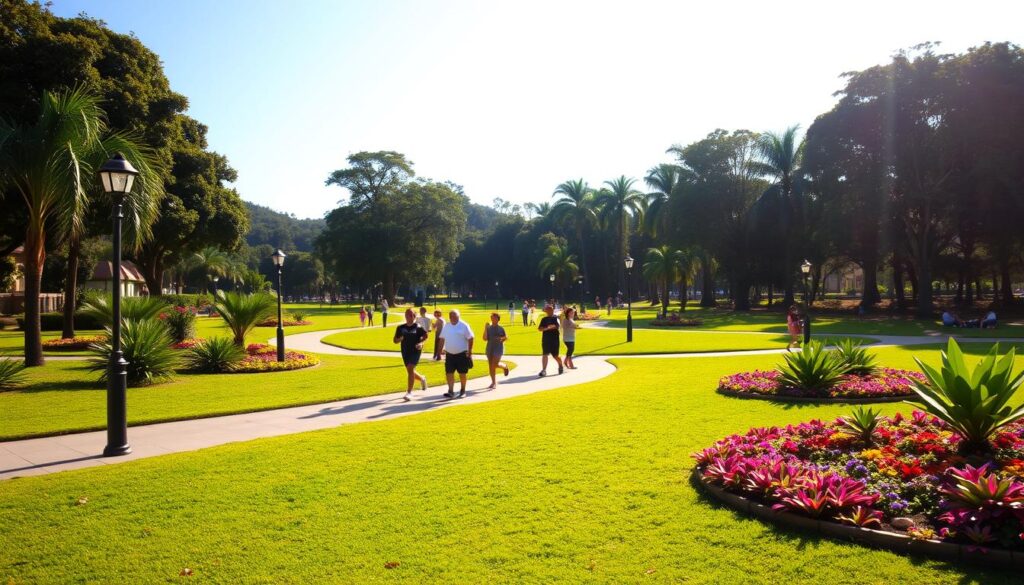 A picturesque view of Parque Ingá in Maringá, Brazil, during a sunny afternoon. In the foreground, lush green lawns are dotted with vibrant flower beds, showcasing a variety of tropical plants. A well-maintained walking path winds through the park, bordered by elegant lamp posts casting soft shadows. In the middle ground, visitors of diverse backgrounds enjoy leisure activities—some jogging, others picnicking, all dressed in modest casual clothing, embodying a healthy lifestyle. The background reveals tall, mature trees creating a serene canopy, while the bright blue sky adds a touch of warmth to the scene. Soft, natural lighting enhances the inviting atmosphere, inviting viewers to experience a vibrant community space, reflecting the desirability of the neighborhood. A picturesque view of Parque Ingá in Maringá, Brazil, during a sunny afternoon. In the foreground, lush green lawns are dotted with vibrant flower beds, showcasing a variety of tropical plants. A well-maintained walking path winds through the park, bordered by elegant lamp posts casting soft shadows. In the middle ground, visitors of diverse backgrounds enjoy leisure activities—some jogging, others picnicking, all dressed in modest casual clothing, embodying a healthy lifestyle. The background reveals tall, mature trees creating a serene canopy, while the bright blue sky adds a touch of warmth to the scene. Soft, natural lighting enhances the inviting atmosphere, inviting viewers to experience a vibrant community space, reflecting the desirability of the neighborhood.