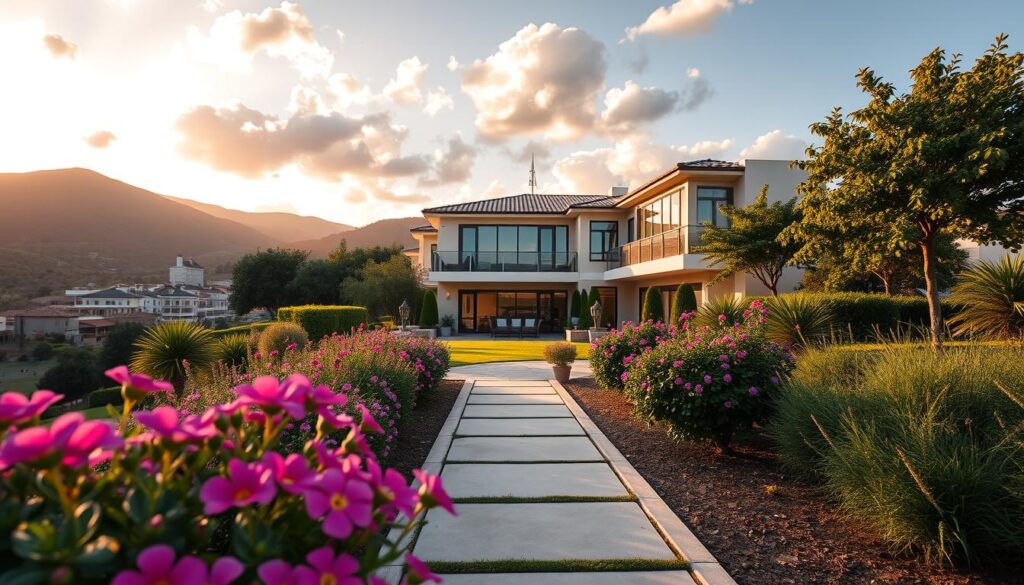A picturesque view of a luxury condominium in Marialva, showcasing its elegant architecture and lush landscaping. In the foreground, vibrant flowers bloom near a well-maintained pathway leading to the entrance of the building. The middle ground features the condo itself, with large windows reflecting the warm sunlight, giving an impression of spacious, upscale living areas. In the background, Marialva's scenic hills provide a serene backdrop, bathed in golden hour light. The sky is dotted with soft, fluffy clouds, enhancing the tranquil atmosphere. The image should express a sense of sophistication and comfort, with a focus on the aesthetic appeal of luxury living at a reasonable cost. Capture this scene from a slightly elevated angle to provide depth, and ensure the colors are bright and inviting, conveying optimism and allure. A picturesque view of a luxury condominium in Marialva, showcasing its elegant architecture and lush landscaping. In the foreground, vibrant flowers bloom near a well-maintained pathway leading to the entrance of the building. The middle ground features the condo itself, with large windows reflecting the warm sunlight, giving an impression of spacious, upscale living areas. In the background, Marialva's scenic hills provide a serene backdrop, bathed in golden hour light. The sky is dotted with soft, fluffy clouds, enhancing the tranquil atmosphere. The image should express a sense of sophistication and comfort, with a focus on the aesthetic appeal of luxury living at a reasonable cost. Capture this scene from a slightly elevated angle to provide depth, and ensure the colors are bright and inviting, conveying optimism and allure.