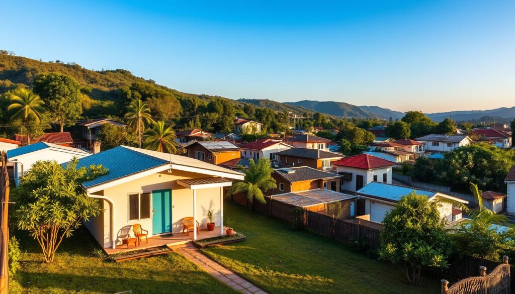 A picturesque view of affordable residential properties in Maringá, Brazil. In the foreground, feature a charming, modest single-family home with a small garden, showcasing a welcoming, budget-friendly atmosphere. In the middle ground, add a diverse neighborhood scene with several well-maintained, inexpensive houses, emphasizing a sense of community and approachable living. In the background, incorporate the natural beauty of Maringá, with green trees and the outline of hills under a clear blue sky. Utilize soft, warm lighting to create an inviting and optimistic mood, capturing the essence of an affordable lifestyle. Use a wide-angle lens perspective to emphasize the layout of the neighborhood while keeping the focus on the homes, showcasing their potential for first-time buyers. A picturesque view of affordable residential properties in Maringá, Brazil. In the foreground, feature a charming, modest single-family home with a small garden, showcasing a welcoming, budget-friendly atmosphere. In the middle ground, add a diverse neighborhood scene with several well-maintained, inexpensive houses, emphasizing a sense of community and approachable living. In the background, incorporate the natural beauty of Maringá, with green trees and the outline of hills under a clear blue sky. Utilize soft, warm lighting to create an inviting and optimistic mood, capturing the essence of an affordable lifestyle. Use a wide-angle lens perspective to emphasize the layout of the neighborhood while keeping the focus on the homes, showcasing their potential for first-time buyers.
