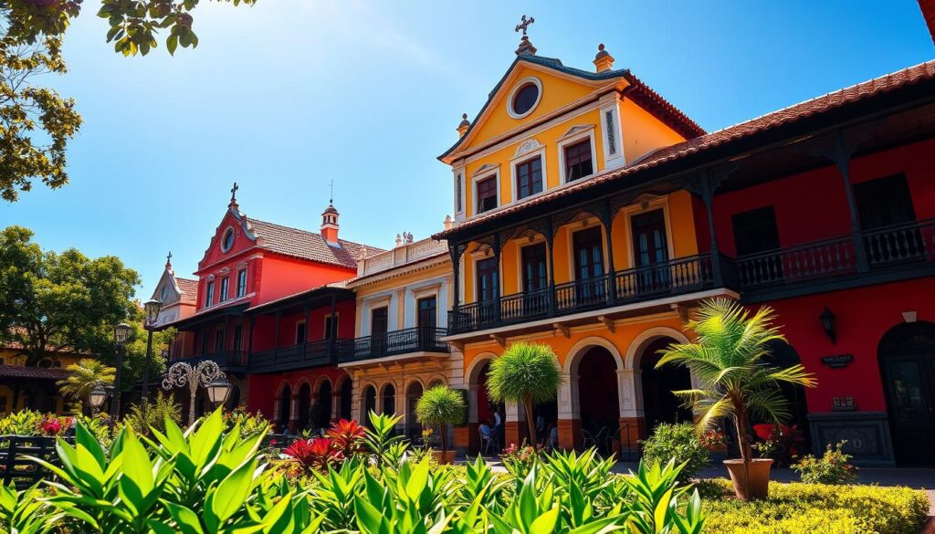 A picturesque view of historic architecture in Maringá Velho, highlighting charming colonial houses with vibrant colors and intricate details. In the foreground, lush greenery and inviting gardens enhance the scene, while in the middle, elegantly designed buildings showcase classic Brazilian architectural styles, complete with decorative facades and tiled roofs. The background presents a clear blue sky, allowing warm sunlight to filter through, creating a warm and inviting atmosphere. Use a wide-angle lens to capture the essence of this unique neighborhood, emphasizing the harmony of nature and architecture. The overall mood is nostalgic yet lively, reflecting the cultural richness of Maringá Velho. A picturesque view of historic architecture in Maringá Velho, highlighting charming colonial houses with vibrant colors and intricate details. In the foreground, lush greenery and inviting gardens enhance the scene, while in the middle, elegantly designed buildings showcase classic Brazilian architectural styles, complete with decorative facades and tiled roofs. The background presents a clear blue sky, allowing warm sunlight to filter through, creating a warm and inviting atmosphere. Use a wide-angle lens to capture the essence of this unique neighborhood, emphasizing the harmony of nature and architecture. The overall mood is nostalgic yet lively, reflecting the cultural richness of Maringá Velho.