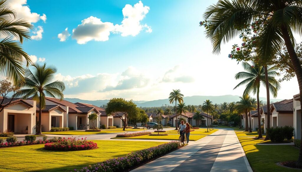 A picturesque view of horizontal condominiums in Maringá, showcasing a tranquil suburban neighborhood. In the foreground, lush green lawns and well-maintained flower gardens complement contemporary, single-story homes built in an elegant architectural style. The middle ground features wide, tree-lined streets, dotted with parked bicycles and a few families enjoying leisurely strolls, all dressed in casual attire. The background reveals a soft blue sky with fluffy, white clouds, framed by gently swaying palm trees and distant rolling hills. Warm sunlight illuminates the scene, creating a peaceful atmosphere that emphasizes community and relaxation. The image captures the essence of suburban life, highlighting the growing trend of horizontal condominiums outside the crowded city center. A picturesque view of horizontal condominiums in Maringá, showcasing a tranquil suburban neighborhood. In the foreground, lush green lawns and well-maintained flower gardens complement contemporary, single-story homes built in an elegant architectural style. The middle ground features wide, tree-lined streets, dotted with parked bicycles and a few families enjoying leisurely strolls, all dressed in casual attire. The background reveals a soft blue sky with fluffy, white clouds, framed by gently swaying palm trees and distant rolling hills. Warm sunlight illuminates the scene, creating a peaceful atmosphere that emphasizes community and relaxation. The image captures the essence of suburban life, highlighting the growing trend of horizontal condominiums outside the crowded city center.