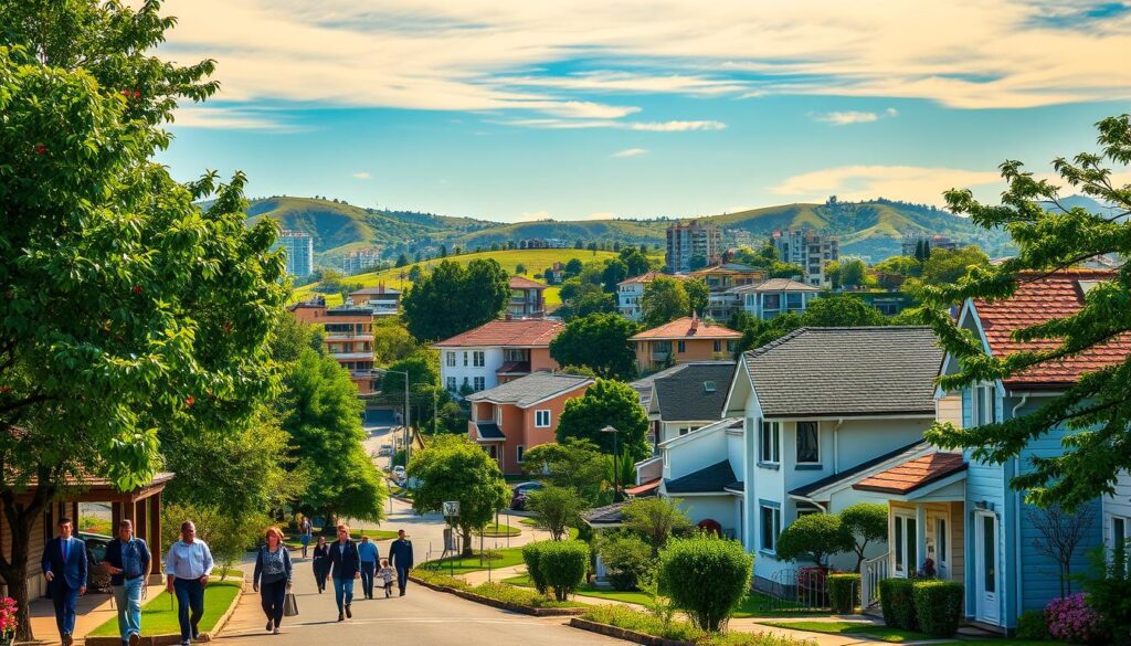 A picturesque view of several distinct neighborhoods in Marialva, Paraná, showcasing various types of residential architecture, including quaint houses, modern buildings, and lush green parks. In the foreground, a tree-lined street with vibrant flowers and well-maintained sidewalks, where people dressed in professional business attire and modest casual clothing stroll leisurely. The middle ground features a mix of traditional and contemporary homes, with colorful facades and visible house numbers. In the background, rolling hills and a clear blue sky bathed in warm, golden sunlight evoke a sense of tranquility and community. The angle should highlight depth, creating an inviting atmosphere that suggests a friendly and diverse suburban environment, focusing on neighborhoods that embody the spirit of Marialva. A picturesque view of several distinct neighborhoods in Marialva, Paraná, showcasing various types of residential architecture, including quaint houses, modern buildings, and lush green parks. In the foreground, a tree-lined street with vibrant flowers and well-maintained sidewalks, where people dressed in professional business attire and modest casual clothing stroll leisurely. The middle ground features a mix of traditional and contemporary homes, with colorful facades and visible house numbers. In the background, rolling hills and a clear blue sky bathed in warm, golden sunlight evoke a sense of tranquility and community. The angle should highlight depth, creating an inviting atmosphere that suggests a friendly and diverse suburban environment, focusing on neighborhoods that embody the spirit of Marialva.