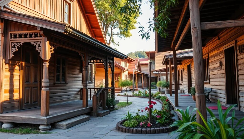 A picturesque view of traditional wooden houses in Maringá, showcasing their unique architecture and charm. In the foreground, focus on a well-preserved wooden house with intricate details and a welcoming porch. The middle ground should feature a small garden with native plants and flowers, adding a touch of color and life. The background presents a serene street lined with more wooden houses, each showcasing distinctive styles and historical significance. Soft, warm afternoon sunlight bathes the scene, creating beautiful shadows that enhance the cozy atmosphere. Capture the essence of community and history, with an inviting and nostalgic mood. Use a slightly elevated angle to provide a comprehensive view while emphasizing the beauty of the wooden structures. A picturesque view of traditional wooden houses in Maringá, showcasing their unique architecture and charm. In the foreground, focus on a well-preserved wooden house with intricate details and a welcoming porch. The middle ground should feature a small garden with native plants and flowers, adding a touch of color and life. The background presents a serene street lined with more wooden houses, each showcasing distinctive styles and historical significance. Soft, warm afternoon sunlight bathes the scene, creating beautiful shadows that enhance the cozy atmosphere. Capture the essence of community and history, with an inviting and nostalgic mood. Use a slightly elevated angle to provide a comprehensive view while emphasizing the beauty of the wooden structures.