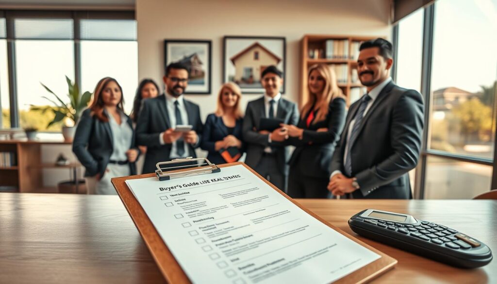 A polished and professional buyer’s guide for real estate, prominently featuring a clipboard with a checklist, an open property brochure, and a calculator in the foreground. In the middle, a diverse group of individuals dressed in smart business attire discusses their options, appearing focused and engaged. A welcoming office environment surrounds them, with large windows showcasing a bright, sunny day outside. The background includes a framed picture of a modern house and shelves with property-related books, adding authenticity and depth. The lighting is warm and inviting, casting soft shadows, and the viewpoint is slightly elevated to capture both the subjects and their surroundings, evoking a sense of security and professionalism in the real estate buying process. A polished and professional buyer’s guide for real estate, prominently featuring a clipboard with a checklist, an open property brochure, and a calculator in the foreground. In the middle, a diverse group of individuals dressed in smart business attire discusses their options, appearing focused and engaged. A welcoming office environment surrounds them, with large windows showcasing a bright, sunny day outside. The background includes a framed picture of a modern house and shelves with property-related books, adding authenticity and depth. The lighting is warm and inviting, casting soft shadows, and the viewpoint is slightly elevated to capture both the subjects and their surroundings, evoking a sense of security and professionalism in the real estate buying process.