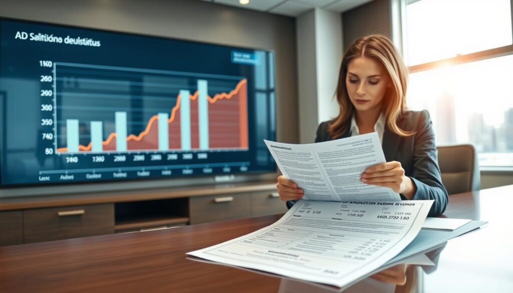 A polished office setting with a modern, sleek desk in the foreground. On the desk, a professional woman in business attire, focused and engaged, examines a detailed financial document illustrating amortization calculations and the impact on outstanding debt ("saldo devedor"). In the middle ground, a large digital display shows animated charts and graphs representing decreasing debt over time, highlighting the concept of amortization. The background features a bright window with a city view, softly diffused natural light pouring into the room. The mood is professional, conveying clarity and sophistication, emphasizing understanding and analysis of financial concepts. A polished office setting with a modern, sleek desk in the foreground. On the desk, a professional woman in business attire, focused and engaged, examines a detailed financial document illustrating amortization calculations and the impact on outstanding debt ("saldo devedor"). In the middle ground, a large digital display shows animated charts and graphs representing decreasing debt over time, highlighting the concept of amortization. The background features a bright window with a city view, softly diffused natural light pouring into the room. The mood is professional, conveying clarity and sophistication, emphasizing understanding and analysis of financial concepts.