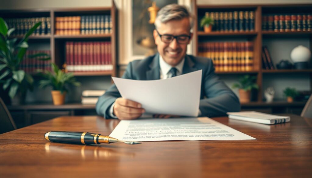 A polished wooden table serves as the foreground, adorned with elegant stationery featuring a beautifully crafted property deed, its intricate details visible. Beside the document, a sleek fountain pen glistens under warm, soft lighting, creating an inviting atmosphere. In the middle ground, a confident, middle-aged professional in business attire examines the deed, showcasing a look of satisfaction and understanding. The background features a softly blurred office setting with bookshelves filled with legal tomes and potted plants, adding a touch of sophistication and warmth. The overall mood is one of professionalism and importance, reflecting the significance of the definitive property deed in real estate transactions. The image captures the essence of legal proceedings without any distractions or text. A polished wooden table serves as the foreground, adorned with elegant stationery featuring a beautifully crafted property deed, its intricate details visible. Beside the document, a sleek fountain pen glistens under warm, soft lighting, creating an inviting atmosphere. In the middle ground, a confident, middle-aged professional in business attire examines the deed, showcasing a look of satisfaction and understanding. The background features a softly blurred office setting with bookshelves filled with legal tomes and potted plants, adding a touch of sophistication and warmth. The overall mood is one of professionalism and importance, reflecting the significance of the definitive property deed in real estate transactions. The image captures the essence of legal proceedings without any distractions or text.