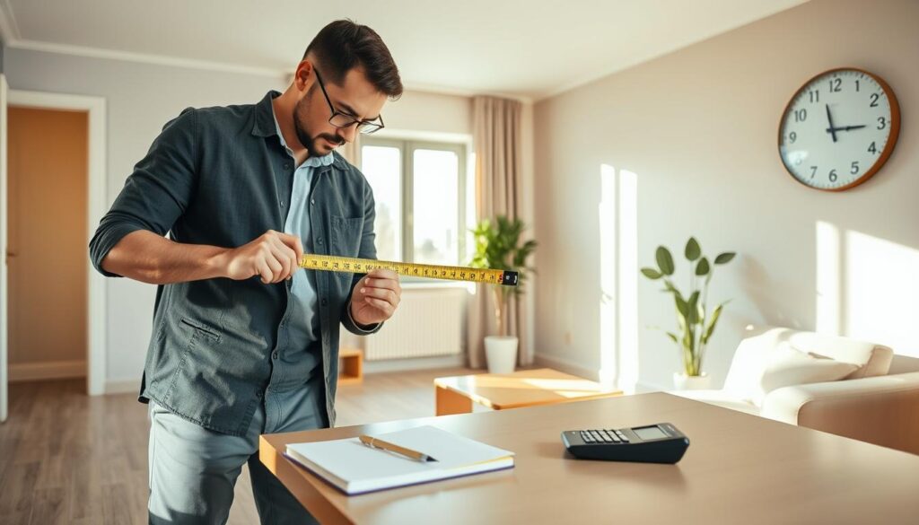 A professional and inviting interior scene showcasing a person measuring a room to calculate square meters (m²). In the foreground, a focused individual in modest casual attire is using a tape measure, while a notebook and calculator are on a nearby table, recording measurements. The middle ground features a well-lit room with simple furniture, walls adorned with a soft color palette, and a large window letting in natural light. In the background, a clear wall clock indicates midday. The atmosphere is practical and educational, emphasizing the task of measuring space, with soft shadows to evoke a sense of calm and concentration. The camera angle is slightly elevated, capturing both the measuring process and the room’s dimensions effectively. A professional and inviting interior scene showcasing a person measuring a room to calculate square meters (m²). In the foreground, a focused individual in modest casual attire is using a tape measure, while a notebook and calculator are on a nearby table, recording measurements. The middle ground features a well-lit room with simple furniture, walls adorned with a soft color palette, and a large window letting in natural light. In the background, a clear wall clock indicates midday. The atmosphere is practical and educational, emphasizing the task of measuring space, with soft shadows to evoke a sense of calm and concentration. The camera angle is slightly elevated, capturing both the measuring process and the room’s dimensions effectively.