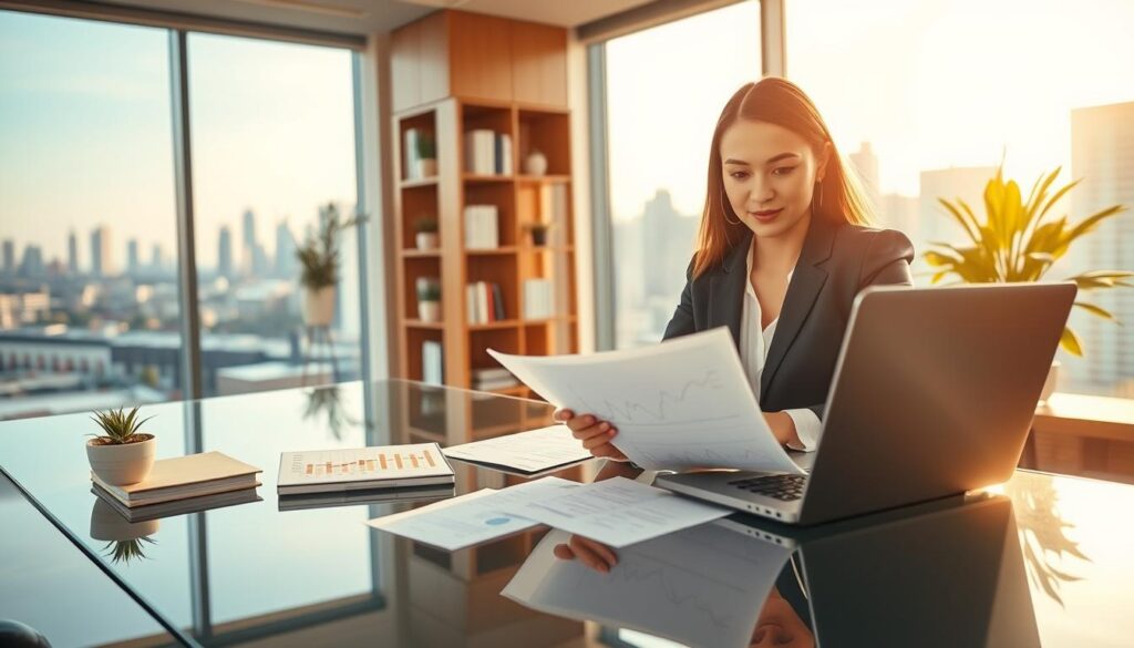 A professional and modern office environment with a focus on housing finance. In the foreground, a confident businesswoman in professional attire is reviewing important documents on a sleek glass desk, with a laptop that displays graphs related to interest rates. In the middle ground, bookshelf filled with financial literature and small potted plants adds a welcoming touch. The background features a large window with a view of a city skyline, bathed in warm, natural light, creating a bright and optimistic atmosphere. The overall mood is one of determination and clarity, emphasizing the critical role of interest rates in real estate financing. The scene is captured with a wide-angle lens, highlighting both the details of the desk and the expansive city view. A professional and modern office environment with a focus on housing finance. In the foreground, a confident businesswoman in professional attire is reviewing important documents on a sleek glass desk, with a laptop that displays graphs related to interest rates. In the middle ground, bookshelf filled with financial literature and small potted plants adds a welcoming touch. The background features a large window with a view of a city skyline, bathed in warm, natural light, creating a bright and optimistic atmosphere. The overall mood is one of determination and clarity, emphasizing the critical role of interest rates in real estate financing. The scene is captured with a wide-angle lens, highlighting both the details of the desk and the expansive city view.