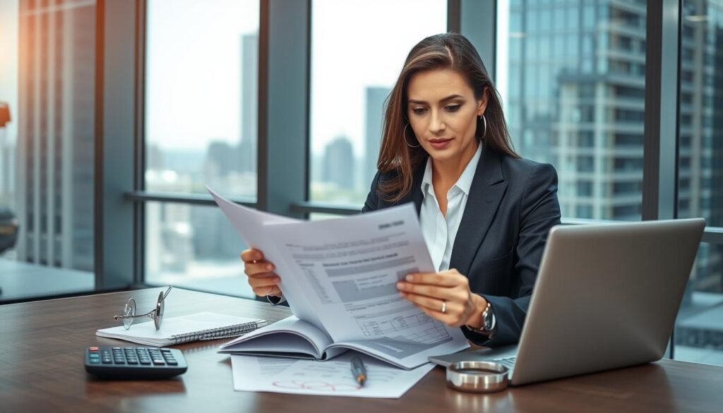 A professional and modern office setting serves as the backdrop, with clear glass windows revealing a vibrant cityscape outside. In the foreground, a confident businesswoman dressed in smart attire examines a folder with property documents while using a laptop. She displays a focused expression, reflecting determination and attention to detail. On the desk, various tools for quick checks are visible: a checklist, a calculator, and a magnifying glass. The lighting is bright and inviting, enhancing the analytical atmosphere. The composition is shot from a slightly elevated angle to emphasize the woman’s work environment and her engagement with the important task at hand. The overall mood suggests diligence and professionalism. A professional and modern office setting serves as the backdrop, with clear glass windows revealing a vibrant cityscape outside. In the foreground, a confident businesswoman dressed in smart attire examines a folder with property documents while using a laptop. She displays a focused expression, reflecting determination and attention to detail. On the desk, various tools for quick checks are visible: a checklist, a calculator, and a magnifying glass. The lighting is bright and inviting, enhancing the analytical atmosphere. The composition is shot from a slightly elevated angle to emphasize the woman’s work environment and her engagement with the important task at hand. The overall mood suggests diligence and professionalism.