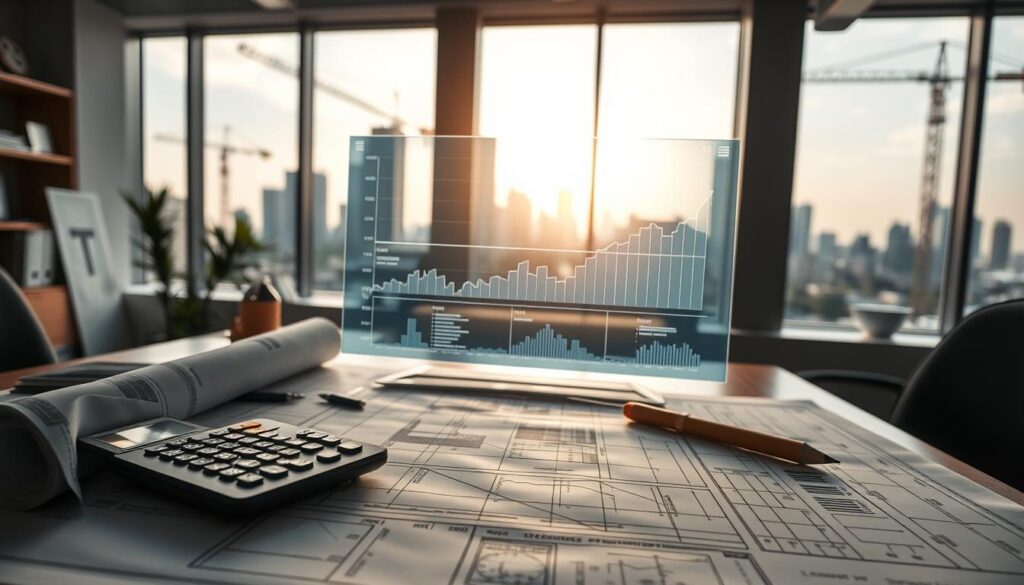 A professional architect's desk in a well-lit, modern office setting, showcasing blueprints and graphs depicting construction progress and the evolution of a project. In the foreground, a detailed close-up of a blueprint with lines and annotations, along with a calculator and drafting tools that represent the planning phase. In the middle, a transparent digital screen displays live statistics and visualizations of project timelines and growth metrics. In the background, large windows let in natural light, revealing a cityscape with cranes and buildings, symbolizing ongoing construction. The mood is focused and innovative, with a clean, contemporary design. Use soft, ambient lighting to create an inspiring atmosphere. A professional architect's desk in a well-lit, modern office setting, showcasing blueprints and graphs depicting construction progress and the evolution of a project. In the foreground, a detailed close-up of a blueprint with lines and annotations, along with a calculator and drafting tools that represent the planning phase. In the middle, a transparent digital screen displays live statistics and visualizations of project timelines and growth metrics. In the background, large windows let in natural light, revealing a cityscape with cranes and buildings, symbolizing ongoing construction. The mood is focused and innovative, with a clean, contemporary design. Use soft, ambient lighting to create an inspiring atmosphere.
