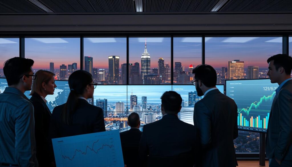 A professional business environment illustrating the methodology of price analysis. In the foreground, a diverse group of analysts in business attire, engaged in a discussion over large charts and graphs showing real estate price trends. The middle layer features a modern office space filled with large screens displaying dynamic data on Maringá's real estate market compared to neighboring cities. In the background, a city skyline representing Maringá and neighboring metropolitan areas at dusk, illuminated by soft, ambient lighting. The atmosphere is focused and analytical, conveying a sense of determination and expertise in market analysis. The shot is taken from a slightly elevated angle, capturing both the analysts and the visual data elements effectively. A professional business environment illustrating the methodology of price analysis. In the foreground, a diverse group of analysts in business attire, engaged in a discussion over large charts and graphs showing real estate price trends. The middle layer features a modern office space filled with large screens displaying dynamic data on Maringá's real estate market compared to neighboring cities. In the background, a city skyline representing Maringá and neighboring metropolitan areas at dusk, illuminated by soft, ambient lighting. The atmosphere is focused and analytical, conveying a sense of determination and expertise in market analysis. The shot is taken from a slightly elevated angle, capturing both the analysts and the visual data elements effectively.