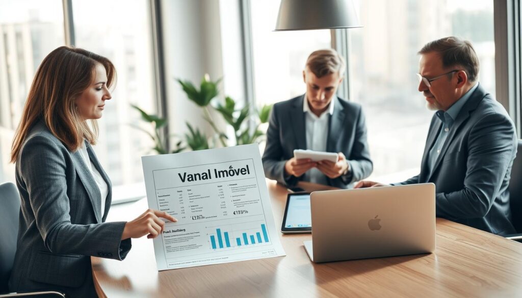 A professional business setting featuring a diverse group of three individuals gathered around a modern conference table. In the foreground, a middle-aged woman in professional attire points at a large printed document titled "Valor Venal Imóvel," presenting data to her colleagues. In the middle ground, a young man takes notes on a tablet, while an older man reviews financial charts displayed on a laptop. The background includes a bright office with large windows, casting warm, natural light that creates a productive atmosphere. The room features a minimalist design with potted plants and soft tones, conveying a sense of professionalism and focus. The composition encourages an engaging discussion about real estate valuation and its implications. A professional business setting featuring a diverse group of three individuals gathered around a modern conference table. In the foreground, a middle-aged woman in professional attire points at a large printed document titled "Valor Venal Imóvel," presenting data to her colleagues. In the middle ground, a young man takes notes on a tablet, while an older man reviews financial charts displayed on a laptop. The background includes a bright office with large windows, casting warm, natural light that creates a productive atmosphere. The room features a minimalist design with potted plants and soft tones, conveying a sense of professionalism and focus. The composition encourages an engaging discussion about real estate valuation and its implications.