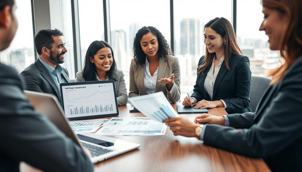A professional business setting illustrating "real estate financing." In the foreground, a diverse group of three individuals, a man and two women, dressed in business attire, are discussing a financial document related to mortgage rates. Their expressions are focused and engaged. In the middle ground, a sleek wooden conference table displays various financial charts and a laptop showing graphs of interest rates. In the background, a large window offers a cityscape view, complementing the atmosphere of a modern corporate office. Soft, natural lighting streams through the window, creating an optimistic and professional mood. The shot is from a slightly elevated angle, emphasizing collaboration and financial decision-making without any text or watermark. A professional business setting illustrating "real estate financing." In the foreground, a diverse group of three individuals, a man and two women, dressed in business attire, are discussing a financial document related to mortgage rates. Their expressions are focused and engaged. In the middle ground, a sleek wooden conference table displays various financial charts and a laptop showing graphs of interest rates. In the background, a large window offers a cityscape view, complementing the atmosphere of a modern corporate office. Soft, natural lighting streams through the window, creating an optimistic and professional mood. The shot is from a slightly elevated angle, emphasizing collaboration and financial decision-making without any text or watermark.