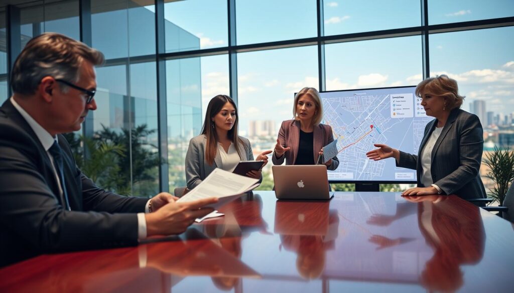 A professional business setting showcasing a diverse group of individuals engaged in a discussion about commercial property leasing. In the foreground, a middle-aged man in a sharp suit examines a lease agreement at a polished conference table. Beside him, a young woman in smart casual attire takes notes on a laptop, while an older woman gestures towards a large digital display showing a map of Maringá highlighting available commercial spaces. In the middle ground, glass walls reveal a modern office environment with plants and artwork, while the background features a cityscape of Maringá under a bright blue sky. The lighting is warm and inviting, creating a collaborative atmosphere, with a slight depth of field to emphasize the professionals interacting. The overall mood is focused and optimistic, capturing the essence of commercial leasing discussions. A professional business setting showcasing a diverse group of individuals engaged in a discussion about commercial property leasing. In the foreground, a middle-aged man in a sharp suit examines a lease agreement at a polished conference table. Beside him, a young woman in smart casual attire takes notes on a laptop, while an older woman gestures towards a large digital display showing a map of Maringá highlighting available commercial spaces. In the middle ground, glass walls reveal a modern office environment with plants and artwork, while the background features a cityscape of Maringá under a bright blue sky. The lighting is warm and inviting, creating a collaborative atmosphere, with a slight depth of field to emphasize the professionals interacting. The overall mood is focused and optimistic, capturing the essence of commercial leasing discussions.