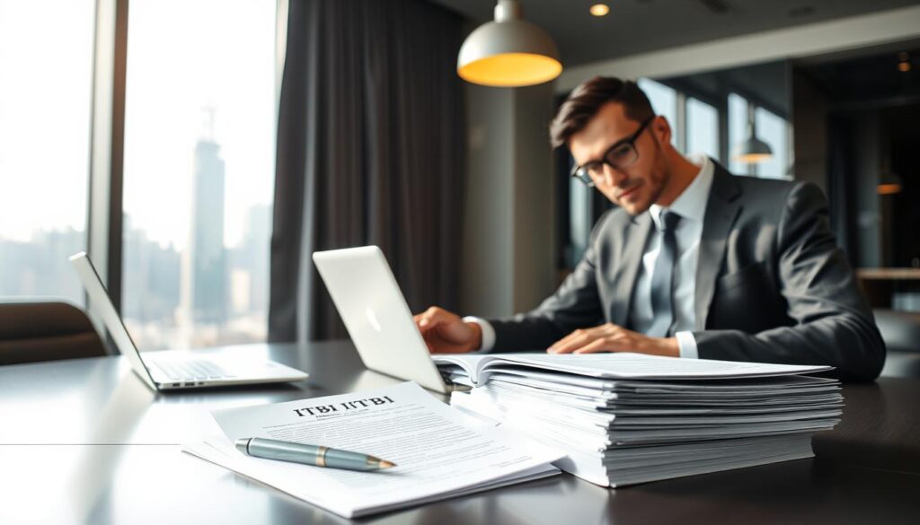 A professional "comprador" in a modern office setting, wearing a tailored business suit and glasses, sits at a sleek conference table, looking at legal documents and a laptop. He has a focused expression, symbolizing diligence and responsibility. In the foreground, a stack of paperwork labeled “ITBI” is neatly arranged, with a pen beside it, emphasizing the transaction process. In the middle, bright natural light filters through large windows, illuminating the scene and creating a productive atmosphere. The background features a city skyline view, hinting at growth and opportunity. The overall mood conveys professionalism and the seriousness of financial obligations, captured from a slightly elevated angle to enhance the depth of the scene. A professional "comprador" in a modern office setting, wearing a tailored business suit and glasses, sits at a sleek conference table, looking at legal documents and a laptop. He has a focused expression, symbolizing diligence and responsibility. In the foreground, a stack of paperwork labeled “ITBI” is neatly arranged, with a pen beside it, emphasizing the transaction process. In the middle, bright natural light filters through large windows, illuminating the scene and creating a productive atmosphere. The background features a city skyline view, hinting at growth and opportunity. The overall mood conveys professionalism and the seriousness of financial obligations, captured from a slightly elevated angle to enhance the depth of the scene.