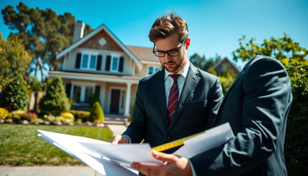 A professional engineer in business attire inspecting a residential property for appraisal. In the foreground, the engineer is examining blueprints and a measuring tape, focused on the house in front of him. The middle ground features a charming suburban home with a well-maintained garden and clear architectural details. In the background, there are trees and a bright blue sky, suggesting a sunny day. The scene conveys a sense of professionalism and thoroughness, highlighting the importance of property appraisal. The lighting is natural, casting soft shadows and enhancing the details of the home. The perspective is slightly low-angle, emphasizing the house's stature and quality, creating a mood of trust and reliability in the valuation process. A professional engineer in business attire inspecting a residential property for appraisal. In the foreground, the engineer is examining blueprints and a measuring tape, focused on the house in front of him. The middle ground features a charming suburban home with a well-maintained garden and clear architectural details. In the background, there are trees and a bright blue sky, suggesting a sunny day. The scene conveys a sense of professionalism and thoroughness, highlighting the importance of property appraisal. The lighting is natural, casting soft shadows and enhancing the details of the home. The perspective is slightly low-angle, emphasizing the house's stature and quality, creating a mood of trust and reliability in the valuation process.