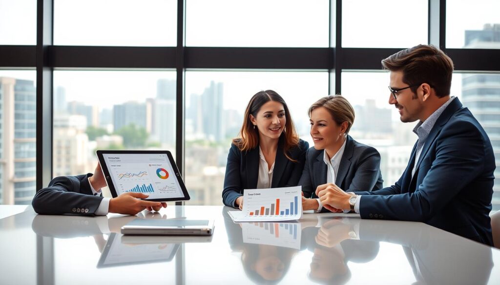 A professional financial advisor and a couple seated at a sleek desk, engaged in a detailed discussion about income analysis and credit assessment. The advisor, dressed in a sharp navy suit, holds a tablet displaying charts and graphs that illustrate income and credit scores. The couple, in modest business attire, looks attentive and engaged. In the background, a modern office with large windows allowing natural light to flood in, showcasing a cityscape. The mood is focused and professional, reflecting a trustful environment for financial decisions. The image has a bright color palette with clear focus on expressions and technological tools, symbolizing transparency and clarity in financial analysis. A professional financial advisor and a couple seated at a sleek desk, engaged in a detailed discussion about income analysis and credit assessment. The advisor, dressed in a sharp navy suit, holds a tablet displaying charts and graphs that illustrate income and credit scores. The couple, in modest business attire, looks attentive and engaged. In the background, a modern office with large windows allowing natural light to flood in, showcasing a cityscape. The mood is focused and professional, reflecting a trustful environment for financial decisions. The image has a bright color palette with clear focus on expressions and technological tools, symbolizing transparency and clarity in financial analysis.