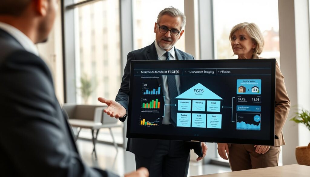 A professional financial advisor, dressed in smart business attire, is engaged in a discussion with a mid-aged couple in a modern office setting. The advisor gestures towards a digital screen displaying various financial data and graphs related to FGTS (Fundo de Garantia do Tempo de Serviço) for home financing. In the middle ground, a close-up view of the screen highlights a flowchart illustrating the process of using FGTS for financing. The background features a sleek, contemporary office with large windows letting in soft, natural light, creating a warm and inviting atmosphere. The lens perspective is slightly angled, capturing the advisor's enthusiasm and the couple's interest. The mood is professional, informative, and engaging. A professional financial advisor, dressed in smart business attire, is engaged in a discussion with a mid-aged couple in a modern office setting. The advisor gestures towards a digital screen displaying various financial data and graphs related to FGTS (Fundo de Garantia do Tempo de Serviço) for home financing. In the middle ground, a close-up view of the screen highlights a flowchart illustrating the process of using FGTS for financing. The background features a sleek, contemporary office with large windows letting in soft, natural light, creating a warm and inviting atmosphere. The lens perspective is slightly angled, capturing the advisor's enthusiasm and the couple's interest. The mood is professional, informative, and engaging.