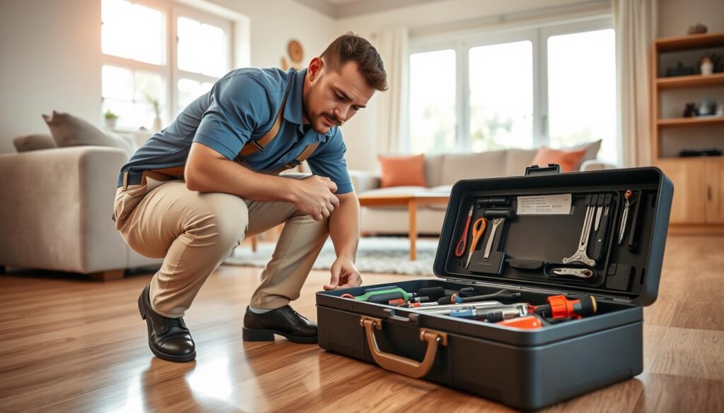 A professional handyman conducting maintenance on a residential property, focused on checking plumbing and electrical systems. In the foreground, a man in a blue collared shirt and beige trousers is crouched down inspecting a toolbox filled with tools, displaying a look of concentration. In the middle ground, a well-lit living room with maintained furniture and fresh paint, a shiny floor visible, showcasing an atmosphere of care and attentiveness. The background features a large window letting in natural light, highlighting the cleanliness and orderliness of the space. The overall mood is dedicated and professional, emphasizing the importance of home maintenance in property value preservation. Soft, warm lighting enhances the inviting atmosphere. A professional handyman conducting maintenance on a residential property, focused on checking plumbing and electrical systems. In the foreground, a man in a blue collared shirt and beige trousers is crouched down inspecting a toolbox filled with tools, displaying a look of concentration. In the middle ground, a well-lit living room with maintained furniture and fresh paint, a shiny floor visible, showcasing an atmosphere of care and attentiveness. The background features a large window letting in natural light, highlighting the cleanliness and orderliness of the space. The overall mood is dedicated and professional, emphasizing the importance of home maintenance in property value preservation. Soft, warm lighting enhances the inviting atmosphere.