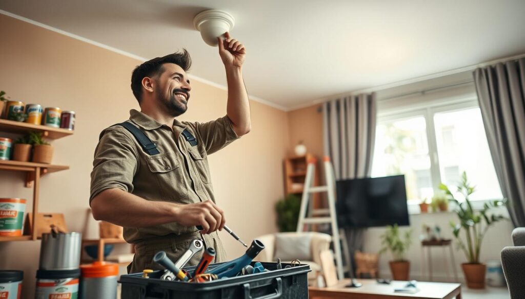A professional handyman in a modest work outfit, skillfully conducting minor home repairs in a cozy Maringá apartment setting. The foreground features a smiling handyman using a toolbox filled with essential tools, such as a screwdriver and a wrench, while adjusting a light fixture on a ceiling. The middle ground shows various home maintenance items like paint cans, a ladder, and plumbing supplies neatly organized. In the background, bright natural light streams through a window, illuminating a well-maintained living room with plants and decorative items. The overall mood is warm and inviting, conveying trust and professionalism in residential maintenance. The scene is shot from a slight low angle to enhance the focus on the handyman's work, ensuring clarity and a dynamic perspective. A professional handyman in a modest work outfit, skillfully conducting minor home repairs in a cozy Maringá apartment setting. The foreground features a smiling handyman using a toolbox filled with essential tools, such as a screwdriver and a wrench, while adjusting a light fixture on a ceiling. The middle ground shows various home maintenance items like paint cans, a ladder, and plumbing supplies neatly organized. In the background, bright natural light streams through a window, illuminating a well-maintained living room with plants and decorative items. The overall mood is warm and inviting, conveying trust and professionalism in residential maintenance. The scene is shot from a slight low angle to enhance the focus on the handyman's work, ensuring clarity and a dynamic perspective.