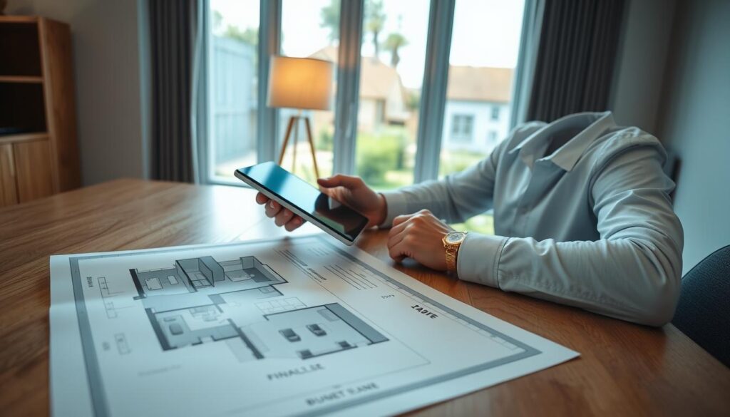 A professional interior designer analyzing a construction budget on a modern digital tablet, seated at a sleek, wooden table. In the foreground, a detailed blueprint of a two-story house is spread out, with measurements and calculations visible. The middle ground features a soft, warm desk lamp illuminating the scene, casting gentle shadows. In the background, a large window reveals a bright, sunny day outside, hinting at a residential neighborhood. The overall atmosphere is focused and professional, emphasizing clarity and precision in financial planning. The image is shot from a slightly elevated angle, capturing both the designer's concentration and the intricate details of the layout, with natural lighting enhancing a welcoming and productive environment. A professional interior designer analyzing a construction budget on a modern digital tablet, seated at a sleek, wooden table. In the foreground, a detailed blueprint of a two-story house is spread out, with measurements and calculations visible. The middle ground features a soft, warm desk lamp illuminating the scene, casting gentle shadows. In the background, a large window reveals a bright, sunny day outside, hinting at a residential neighborhood. The overall atmosphere is focused and professional, emphasizing clarity and precision in financial planning. The image is shot from a slightly elevated angle, capturing both the designer's concentration and the intricate details of the layout, with natural lighting enhancing a welcoming and productive environment.