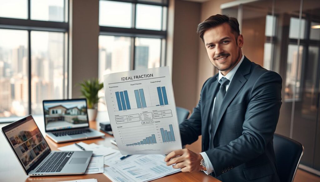A professional-looking real estate scene in an office environment focused on the concept of "ideal fraction" related to property ownership. In the foreground, a confident real estate agent, wearing a smart business attire, is analyzing a transparent property balance sheet with visual graphs and notes about fractional ownership. In the middle ground, a sleek desk is cluttered with documents and a laptop displaying property listings. The background features a large window showing a city skyline, bathed in warm, natural light, creating an inviting atmosphere. The overall mood is professional and informative, aimed at potential buyers or sellers seeking clarity on property investment. The camera angle is slightly elevated to capture the agent's engagement with the materials. A professional-looking real estate scene in an office environment focused on the concept of "ideal fraction" related to property ownership. In the foreground, a confident real estate agent, wearing a smart business attire, is analyzing a transparent property balance sheet with visual graphs and notes about fractional ownership. In the middle ground, a sleek desk is cluttered with documents and a laptop displaying property listings. The background features a large window showing a city skyline, bathed in warm, natural light, creating an inviting atmosphere. The overall mood is professional and informative, aimed at potential buyers or sellers seeking clarity on property investment. The camera angle is slightly elevated to capture the agent's engagement with the materials.