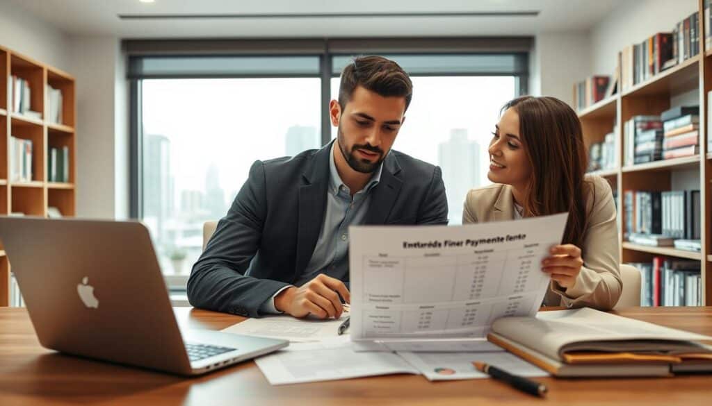 A professional-looking young couple discussing the concept of "entrada financiamento" at a modern office desk filled with financial documents and a laptop. In the foreground, the couple, dressed in smart casual clothing, is engaged in conversation, with focused expressions as they review a chart detailing down payment options for a home purchase. The middle layer features a large window showcasing a city skyline, allowing natural light to illuminate the scene. The background should have shelves filled with books on real estate and finance, creating an informative ambiance. The mood is serious yet hopeful, reflecting the couple's ambition to secure their dream home. The angle is slightly elevated, giving a clear overview of the workspace and the couple's interaction, capturing the essence of financial planning. A professional-looking young couple discussing the concept of "entrada financiamento" at a modern office desk filled with financial documents and a laptop. In the foreground, the couple, dressed in smart casual clothing, is engaged in conversation, with focused expressions as they review a chart detailing down payment options for a home purchase. The middle layer features a large window showcasing a city skyline, allowing natural light to illuminate the scene. The background should have shelves filled with books on real estate and finance, creating an informative ambiance. The mood is serious yet hopeful, reflecting the couple's ambition to secure their dream home. The angle is slightly elevated, giving a clear overview of the workspace and the couple's interaction, capturing the essence of financial planning.