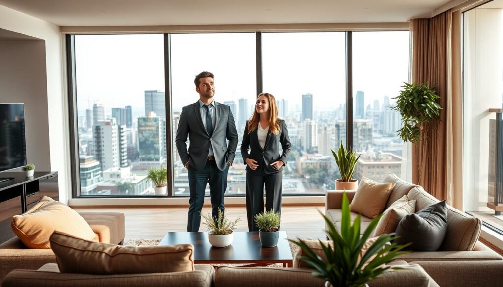 A professional male and female couple in their early 30s, dressed in smart casual attire, standing in a modern apartment's spacious living room. The foreground features tasteful furniture, such as a stylish sofa and coffee table, adorned with decorative plants. In the middle, large windows bathe the room in natural light, showcasing a vibrant cityscape of Maringá in the background, including recognizable landmarks. The atmosphere is warm and inviting, suggesting a comfortable yet elegant lifestyle. The composition should capture the essence of young professionals contemplating their future home, with an emphasis on aspiration and modern living. Use soft, natural lighting to enhance the mood and create a welcoming feel. A professional male and female couple in their early 30s, dressed in smart casual attire, standing in a modern apartment's spacious living room. The foreground features tasteful furniture, such as a stylish sofa and coffee table, adorned with decorative plants. In the middle, large windows bathe the room in natural light, showcasing a vibrant cityscape of Maringá in the background, including recognizable landmarks. The atmosphere is warm and inviting, suggesting a comfortable yet elegant lifestyle. The composition should capture the essence of young professionals contemplating their future home, with an emphasis on aspiration and modern living. Use soft, natural lighting to enhance the mood and create a welcoming feel.