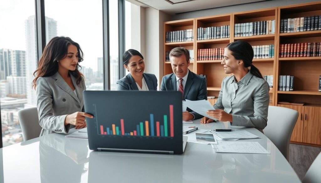 A professional, modern office environment illustrating the concept of "real estate financing" in Brazil. In the foreground, a diverse group of three professionals engaged in a discussion around a sleek conference table filled with documents and a laptop displaying financial charts. One person, a woman in professional attire, points at the screen, emphasizing a key figure. In the middle ground, a large window allows natural light to illuminate the space, with a view of a cityscape featuring contemporary buildings symbolic of real estate development. In the background, shelves lined with books on finance and economics create an academic atmosphere. The mood is one of collaboration and professionalism, capturing the essence of understanding real estate financing. A professional, modern office environment illustrating the concept of "real estate financing" in Brazil. In the foreground, a diverse group of three professionals engaged in a discussion around a sleek conference table filled with documents and a laptop displaying financial charts. One person, a woman in professional attire, points at the screen, emphasizing a key figure. In the middle ground, a large window allows natural light to illuminate the space, with a view of a cityscape featuring contemporary buildings symbolic of real estate development. In the background, shelves lined with books on finance and economics create an academic atmosphere. The mood is one of collaboration and professionalism, capturing the essence of understanding real estate financing.