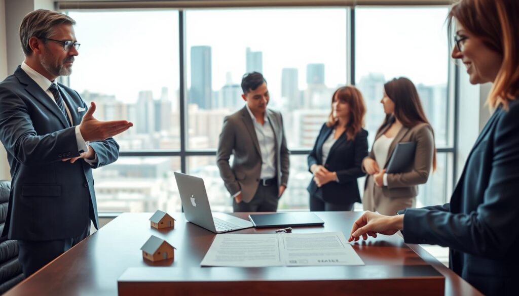 A professional, modern office setting depicting a mortgage agreement between a consultant and a couple, symbolizing fiduciary alienation in real estate financing. In the foreground, a confident, well-dressed consultant gestures towards a document on the table, while the couple, dressed in smart casual attire, attentively reviews the contract. In the middle ground, a stylish desk with a laptop and house keys symbolizes the real estate aspect. In the background, a large window showcases a city skyline, indicating prosperity. The lighting is bright and inviting, with a warm atmosphere, suggesting trust and professionalism. The scene captures the essence of real estate financing and fiduciary agreements without any text or overlay. A professional, modern office setting depicting a mortgage agreement between a consultant and a couple, symbolizing fiduciary alienation in real estate financing. In the foreground, a confident, well-dressed consultant gestures towards a document on the table, while the couple, dressed in smart casual attire, attentively reviews the contract. In the middle ground, a stylish desk with a laptop and house keys symbolizes the real estate aspect. In the background, a large window showcases a city skyline, indicating prosperity. The lighting is bright and inviting, with a warm atmosphere, suggesting trust and professionalism. The scene captures the essence of real estate financing and fiduciary agreements without any text or overlay.