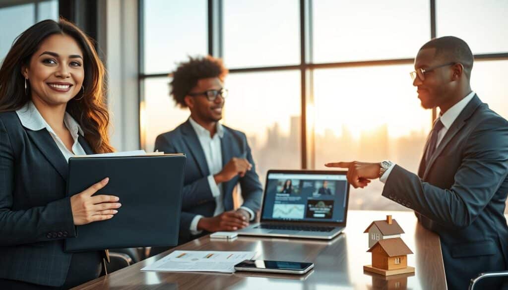 A professional, modern office setting with two diverse individuals in business attire discussing real estate. In the foreground, a confident woman of Latin descent holds a folder labeled "FGTS Options," while a thoughtful man of Black descent points to a sleek laptop displaying a property listing. The middle ground features a stylish conference table with documents, a smartphone, and a small model house, symbolizing home ownership aspirations. The background shows a large window with a city skyline, bathed in soft afternoon light, creating a hopeful and engaging atmosphere. The image emphasizes teamwork and financial planning, highlighting the importance of FGTS in buying a home, with a color palette of warm neutrals and blues for a professional vibe. A professional, modern office setting with two diverse individuals in business attire discussing real estate. In the foreground, a confident woman of Latin descent holds a folder labeled "FGTS Options," while a thoughtful man of Black descent points to a sleek laptop displaying a property listing. The middle ground features a stylish conference table with documents, a smartphone, and a small model house, symbolizing home ownership aspirations. The background shows a large window with a city skyline, bathed in soft afternoon light, creating a hopeful and engaging atmosphere. The image emphasizes teamwork and financial planning, highlighting the importance of FGTS in buying a home, with a color palette of warm neutrals and blues for a professional vibe.