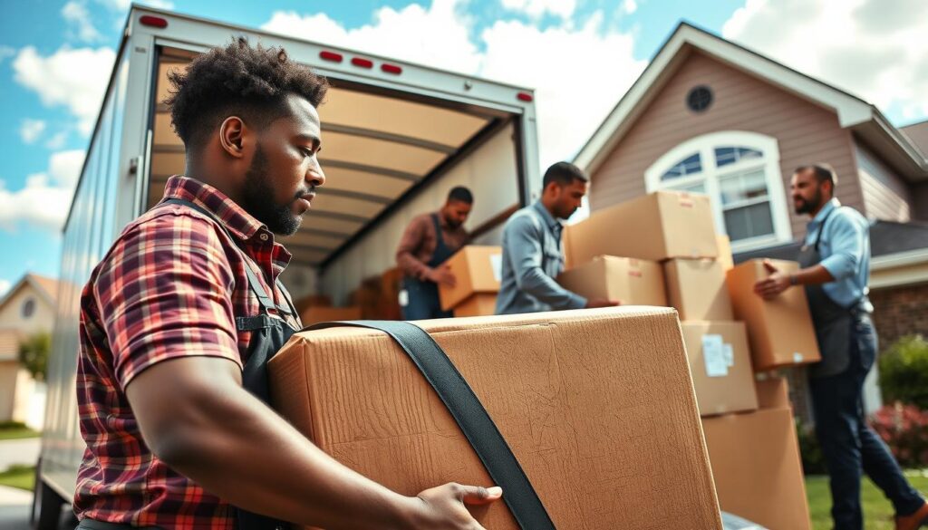 A professional moving company in action, featuring a team of diverse movers dressed in smart work attire, efficiently loading a moving truck outside a suburban home. In the foreground, a mover carefully secures a large piece of furniture with straps, showcasing attention to detail and safety. In the middle ground, another mover organizes boxes, labeled with clear identifiers. The background features a sunny day with a blue sky and fluffy clouds, highlighting a sense of reliability and professionalism. Soft, natural lighting creates a welcoming atmosphere. The image should convey the importance of choosing the right moving company, illustrating trust, efficiency, and care during a significant transition. A professional moving company in action, featuring a team of diverse movers dressed in smart work attire, efficiently loading a moving truck outside a suburban home. In the foreground, a mover carefully secures a large piece of furniture with straps, showcasing attention to detail and safety. In the middle ground, another mover organizes boxes, labeled with clear identifiers. The background features a sunny day with a blue sky and fluffy clouds, highlighting a sense of reliability and professionalism. Soft, natural lighting creates a welcoming atmosphere. The image should convey the importance of choosing the right moving company, illustrating trust, efficiency, and care during a significant transition.