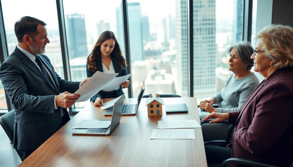 A professional office environment showcasing a real estate transaction. In the foreground, a diverse group of three people in business attire: a middle-aged man presenting documents, a young woman reviewing paperwork, and an older woman thoughtfully observing. In the middle ground, a sleek wooden table with legal papers, a laptop, and a small house model. In the background, a large window allowing natural light to flood in, revealing a modern cityscape. The atmosphere is focused and collaborative, conveying a sense of seriousness and professionalism. Soft, warm lighting enhances the environment, with a slight depth of field effect emphasizing the subjects and documents. A professional office environment showcasing a real estate transaction. In the foreground, a diverse group of three people in business attire: a middle-aged man presenting documents, a young woman reviewing paperwork, and an older woman thoughtfully observing. In the middle ground, a sleek wooden table with legal papers, a laptop, and a small house model. In the background, a large window allowing natural light to flood in, revealing a modern cityscape. The atmosphere is focused and collaborative, conveying a sense of seriousness and professionalism. Soft, warm lighting enhances the environment, with a slight depth of field effect emphasizing the subjects and documents.
