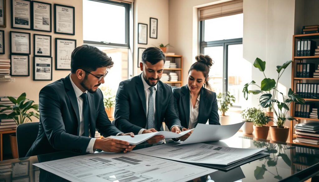 A professional office environment showcasing the process of property regularization. In the foreground, a diverse group of three individuals in business attire—two men and one woman—are discussing documents on a table, with blueprints and property plans spread out before them. The middle ground features a large window allowing natural light to stream in, illuminating a wall filled with framed permits and regulatory guidelines. The atmosphere is collaborative and focused, reflecting a sense of urgency and professionalism. In the background, bookshelves stacked with legal books and several potted plants contribute to a lively yet organized environment. Soft shadows create depth, and the overall color palette is warm and inviting, conveying a sense of trust and authority in property management. A professional office environment showcasing the process of property regularization. In the foreground, a diverse group of three individuals in business attire—two men and one woman—are discussing documents on a table, with blueprints and property plans spread out before them. The middle ground features a large window allowing natural light to stream in, illuminating a wall filled with framed permits and regulatory guidelines. The atmosphere is collaborative and focused, reflecting a sense of urgency and professionalism. In the background, bookshelves stacked with legal books and several potted plants contribute to a lively yet organized environment. Soft shadows create depth, and the overall color palette is warm and inviting, conveying a sense of trust and authority in property management.
