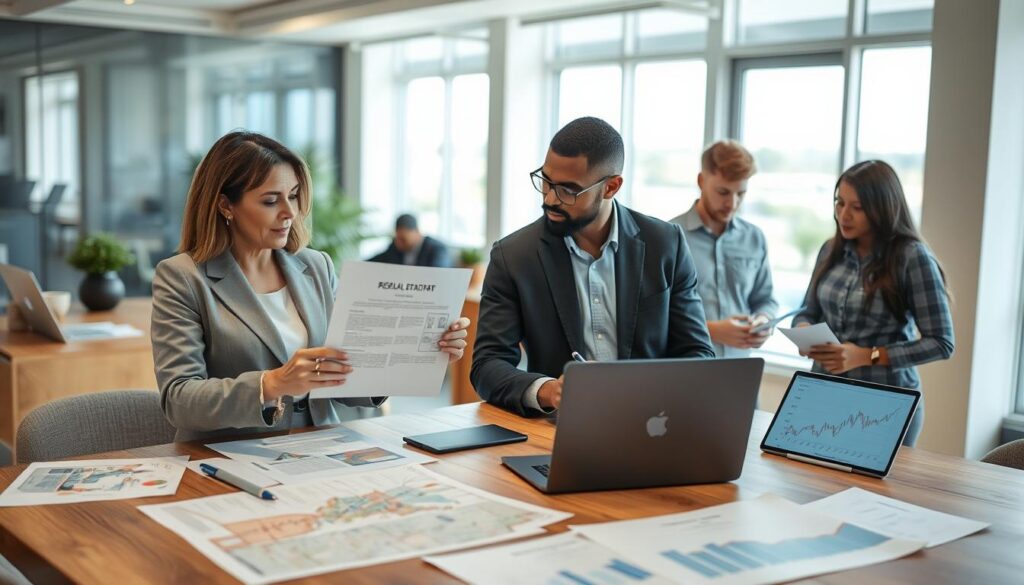 A professional office setting featuring a diverse group of individuals engaged in a discussion about real estate transactions. In the foreground, a middle-aged woman in a business suit holds a document that symbolizes property transfer, while a young man in a casual shirt attentively listens and takes notes. In the middle ground, a large wooden table is strewn with paperwork, property maps, and a laptop displaying financial graphs. The background reveals a modern office with large windows, allowing natural light to flood the space, creating a bright and inviting atmosphere. The color palette emphasizes professionalism with blues and earthy tones. The mood is focused and collaborative, reflecting the importance of understanding property transfer processes. A professional office setting featuring a diverse group of individuals engaged in a discussion about real estate transactions. In the foreground, a middle-aged woman in a business suit holds a document that symbolizes property transfer, while a young man in a casual shirt attentively listens and takes notes. In the middle ground, a large wooden table is strewn with paperwork, property maps, and a laptop displaying financial graphs. The background reveals a modern office with large windows, allowing natural light to flood the space, creating a bright and inviting atmosphere. The color palette emphasizes professionalism with blues and earthy tones. The mood is focused and collaborative, reflecting the importance of understanding property transfer processes.