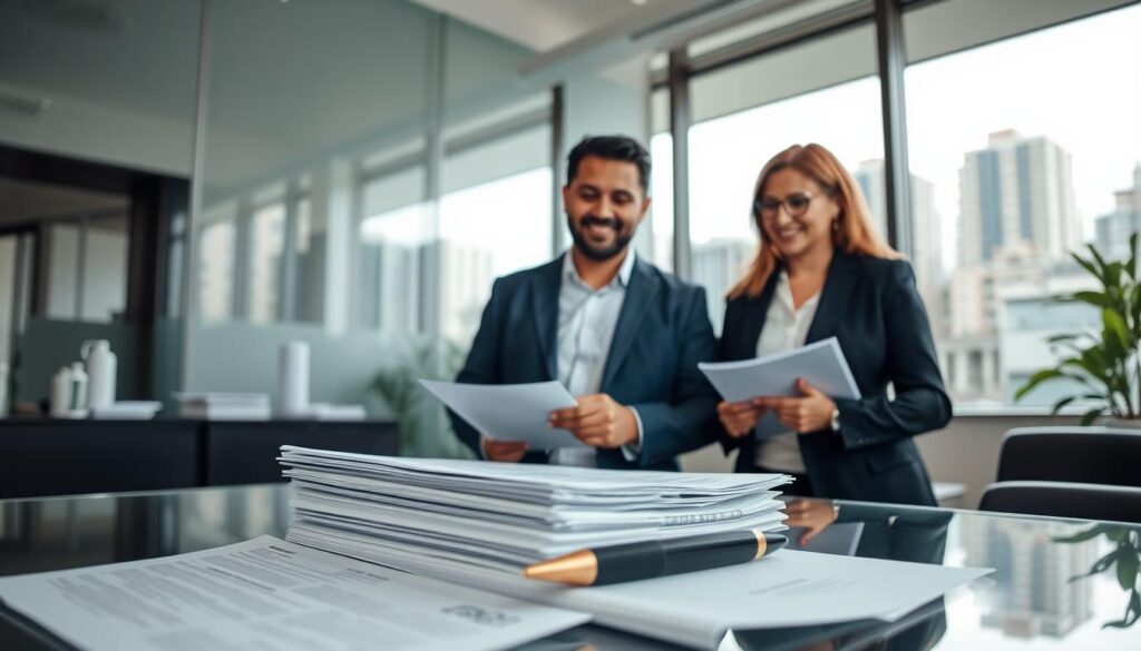 A professional office setting filled with organized documents related to real estate transactions for property purchasing in Brazil. In the foreground, a clear desk showcases a stack of paperwork, including contracts and identification documents, neatly arranged alongside a stylish pen. The middle ground features a cheerful real estate agent in a smart business suit interacting with a couple, who are also dressed professionally, examining the papers. The background displays a window with natural light pouring in, revealing a view of urban Brazil with its distinctive architecture. The atmosphere is focused and optimistic, highlighting the importance of documentation in real estate purchases, with soft lighting enhancing the professional vibe. The angle is slightly elevated, capturing the group engaged in discussion. A professional office setting filled with organized documents related to real estate transactions for property purchasing in Brazil. In the foreground, a clear desk showcases a stack of paperwork, including contracts and identification documents, neatly arranged alongside a stylish pen. The middle ground features a cheerful real estate agent in a smart business suit interacting with a couple, who are also dressed professionally, examining the papers. The background displays a window with natural light pouring in, revealing a view of urban Brazil with its distinctive architecture. The atmosphere is focused and optimistic, highlighting the importance of documentation in real estate purchases, with soft lighting enhancing the professional vibe. The angle is slightly elevated, capturing the group engaged in discussion.
