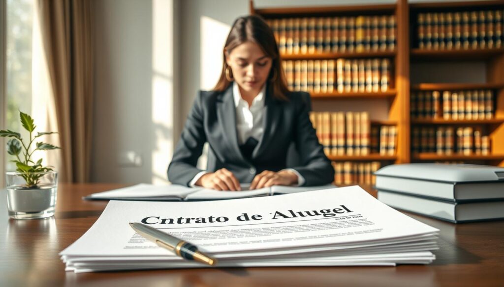 A professional office setting illustrating the concept of Brazilian rental contracts. In the foreground, an elegantly arranged desk features a stack of legal documents labeled 'Contrato de Aluguel', a quill pen, and a small plant, creating a sense of professionalism. In the middle ground, a focused businesswoman in a smart suit examines the documents, portraying diligence and concentration. The background showcases a bookshelf filled with law books, adding depth and context to the legal theme. Soft natural lighting filters through a window, casting gentle shadows that enhance the atmosphere of seriousness and importance. The mood is calm yet focused, capturing the essence of legal proceedings in Brazil regarding rental agreements. A professional office setting illustrating the concept of Brazilian rental contracts. In the foreground, an elegantly arranged desk features a stack of legal documents labeled 'Contrato de Aluguel', a quill pen, and a small plant, creating a sense of professionalism. In the middle ground, a focused businesswoman in a smart suit examines the documents, portraying diligence and concentration. The background showcases a bookshelf filled with law books, adding depth and context to the legal theme. Soft natural lighting filters through a window, casting gentle shadows that enhance the atmosphere of seriousness and importance. The mood is calm yet focused, capturing the essence of legal proceedings in Brazil regarding rental agreements.
