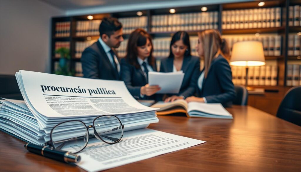 A professional office setting, showcasing a lawyer's desk with a neatly arranged stack of legal documents, including a prominently displayed "procuração pública." The foreground features a sharpened pen and reading glasses, emphasizing the act of signing legal papers. In the middle, a diverse group of three individuals in business attire engage in discussion, examining the documents closely, displaying an atmosphere of trust and collaboration. The background features a softly lit bookshelf filled with law books, creating a scholarly environment. The overall mood is serious yet approachable, highlighting the significance of legal processes in real estate transactions. Soft, warm lighting enhances the professionalism of the scene, captured with a slight depth of field to focus on the interactions. A professional office setting, showcasing a lawyer's desk with a neatly arranged stack of legal documents, including a prominently displayed "procuração pública." The foreground features a sharpened pen and reading glasses, emphasizing the act of signing legal papers. In the middle, a diverse group of three individuals in business attire engage in discussion, examining the documents closely, displaying an atmosphere of trust and collaboration. The background features a softly lit bookshelf filled with law books, creating a scholarly environment. The overall mood is serious yet approachable, highlighting the significance of legal processes in real estate transactions. Soft, warm lighting enhances the professionalism of the scene, captured with a slight depth of field to focus on the interactions.