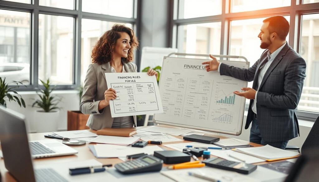 A professional office setting with a focus on finance, featuring a diverse group of three individuals discussing financing rules. In the foreground, a confident woman in business attire is holding a financial chart showing percentages for down payments, while a man gestures towards a whiteboard filled with graphs outlining income ratios and credit limits. In the middle, a large desk cluttered with financial documents, calculators, and laptops highlights the topic of financing. The background has large windows with natural light streaming in, adding a bright and optimistic atmosphere. Capture the scene from a slightly elevated angle to emphasize the collaboration and engagement among the team, conveying a sense of professionalism and clarity in financial planning. A professional office setting with a focus on finance, featuring a diverse group of three individuals discussing financing rules. In the foreground, a confident woman in business attire is holding a financial chart showing percentages for down payments, while a man gestures towards a whiteboard filled with graphs outlining income ratios and credit limits. In the middle, a large desk cluttered with financial documents, calculators, and laptops highlights the topic of financing. The background has large windows with natural light streaming in, adding a bright and optimistic atmosphere. Capture the scene from a slightly elevated angle to emphasize the collaboration and engagement among the team, conveying a sense of professionalism and clarity in financial planning.