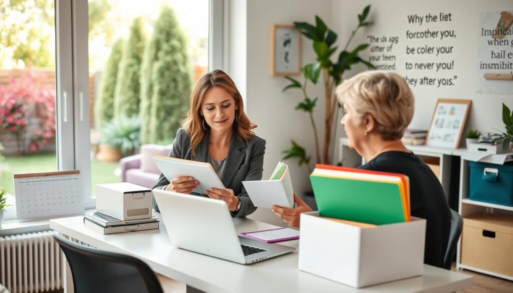 A professional personal organizer working with a client in a bright, well-organized home office. In the foreground, the personal organizer is a focused, middle-aged woman dressed in smart business attire, demonstrating organization techniques with colorful folders and labeled storage boxes. The middle ground shows a neat clutter-free desk with a laptop, a calendar, and inspirational quotes on the wall. In the background, large windows let in natural light, showcasing a serene outdoor garden that enhances the sense of calm and productivity. The atmosphere is uplifting and encouraging, promoting the benefits of hiring a personal organizer. The image is captured with a soft focus, highlighting the engaging interaction between the organizer and client, conveying a sense of professionalism and warmth. A professional personal organizer working with a client in a bright, well-organized home office. In the foreground, the personal organizer is a focused, middle-aged woman dressed in smart business attire, demonstrating organization techniques with colorful folders and labeled storage boxes. The middle ground shows a neat clutter-free desk with a laptop, a calendar, and inspirational quotes on the wall. In the background, large windows let in natural light, showcasing a serene outdoor garden that enhances the sense of calm and productivity. The atmosphere is uplifting and encouraging, promoting the benefits of hiring a personal organizer. The image is captured with a soft focus, highlighting the engaging interaction between the organizer and client, conveying a sense of professionalism and warmth.