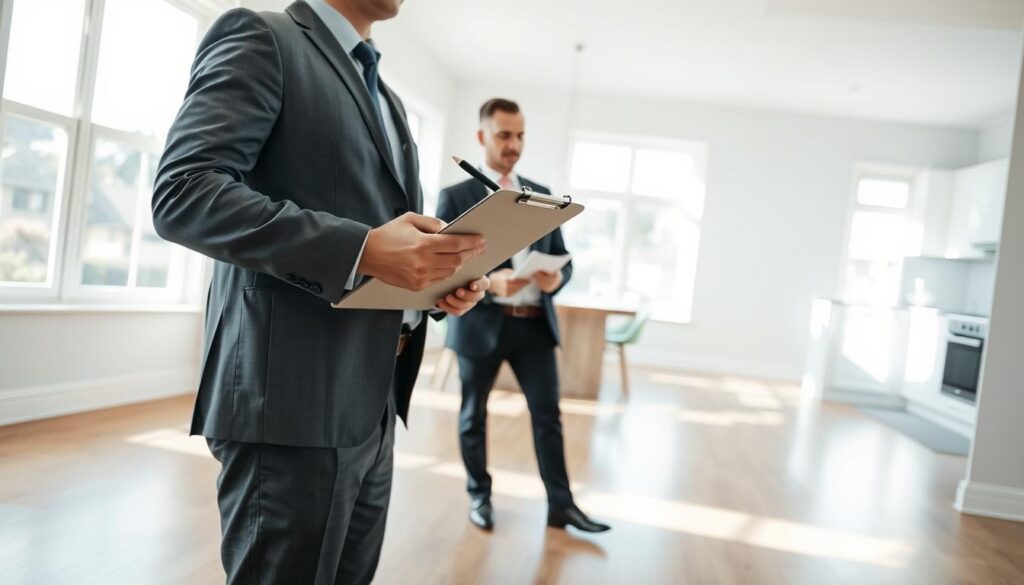 A professional property inspector, dressed in smart business attire, examining a spacious living room during a property inspection. The foreground features a clipboard and pen in the inspector's hand, with details like a checklist visible. In the middle ground, bright light pours in through large windows, emphasizing the freshly painted walls and polished wooden floors. The inspector is inspecting walls and taking notes, with a focused expression. In the background, a modern kitchen can be seen, with sleek countertops and appliances. The overall mood is one of professionalism and thoroughness, with natural lighting creating a warm and inviting atmosphere, capturing the essence of the property inspection process. A professional property inspector, dressed in smart business attire, examining a spacious living room during a property inspection. The foreground features a clipboard and pen in the inspector's hand, with details like a checklist visible. In the middle ground, bright light pours in through large windows, emphasizing the freshly painted walls and polished wooden floors. The inspector is inspecting walls and taking notes, with a focused expression. In the background, a modern kitchen can be seen, with sleek countertops and appliances. The overall mood is one of professionalism and thoroughness, with natural lighting creating a warm and inviting atmosphere, capturing the essence of the property inspection process.